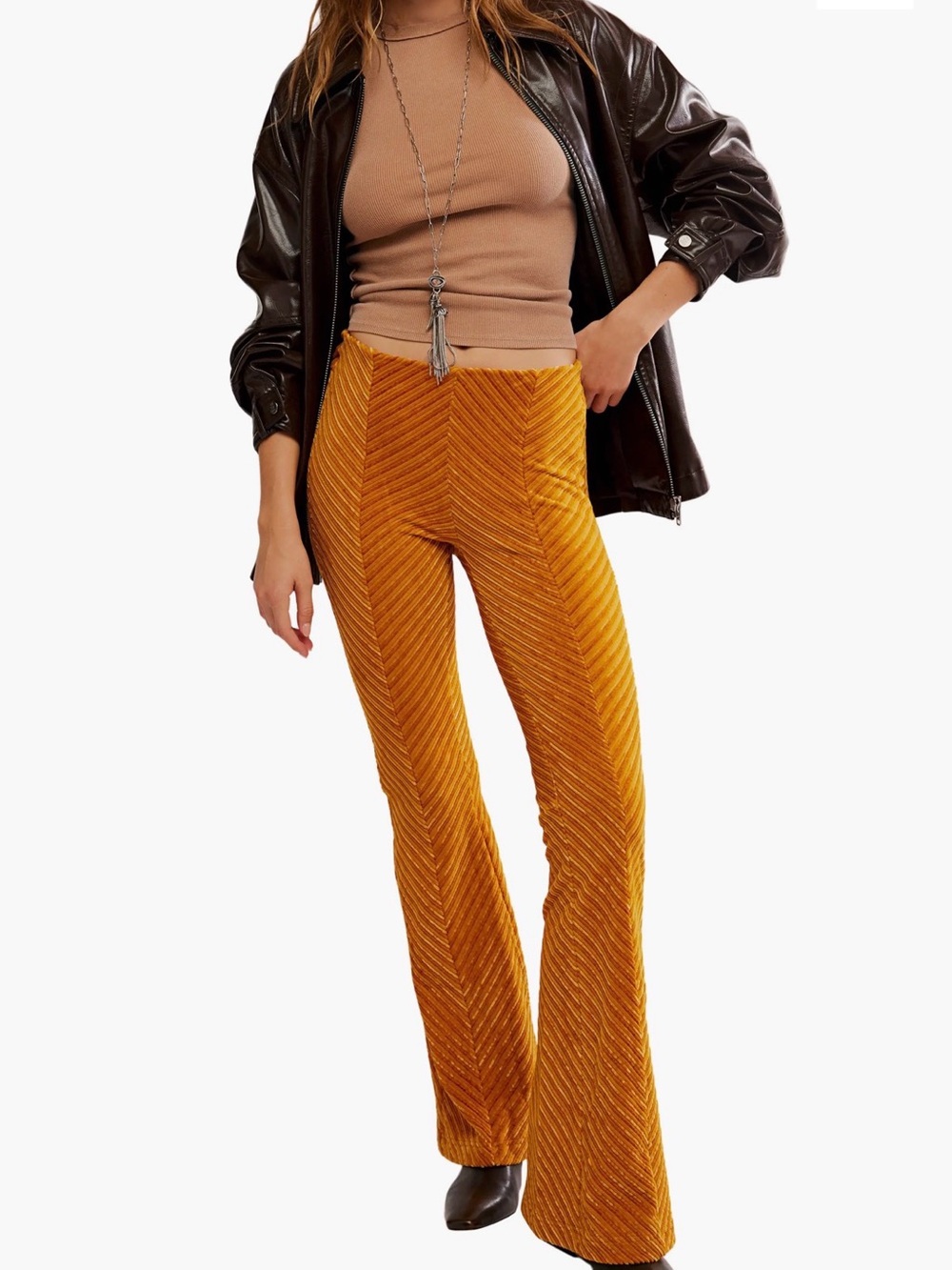 New Free People Chevron Velvet Flare Pants in Mustard pull on style - Picture 6 of 6